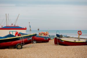 Boats on Bognor Regis Beach. 17th April 2022.