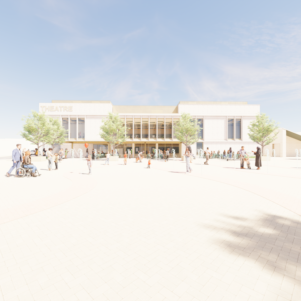 An artist's impression of the Alexandra Theatre in Bognor Regis following development work. It features a white facade with many rectangular windows.