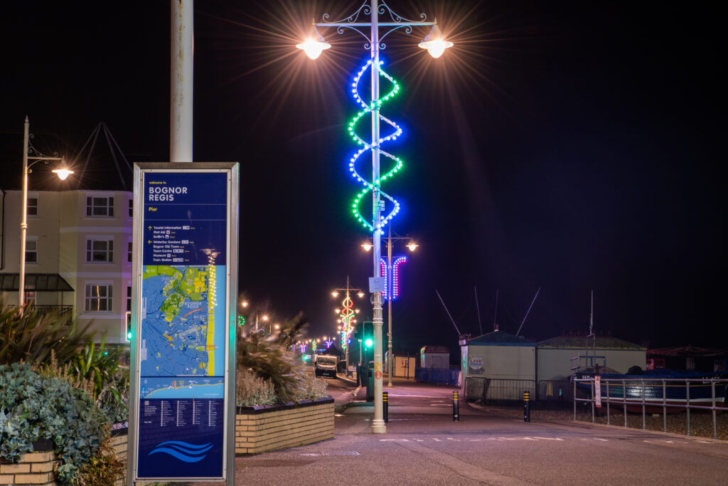 Image of blue and green festoon lighting display on Bognor Regis Seafront
