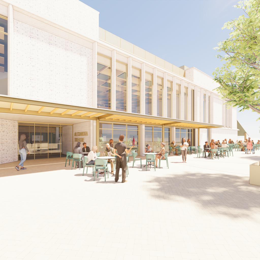 An artist's impression of the Alexandra Theatre in Bognor Regis following development work. It features people sitting under a canopy to the front of the theatre.