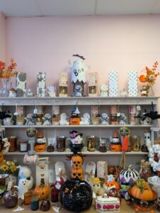 Snook's Gift Boutique in Bognor Regis Halloween and Autumn decor on shelves